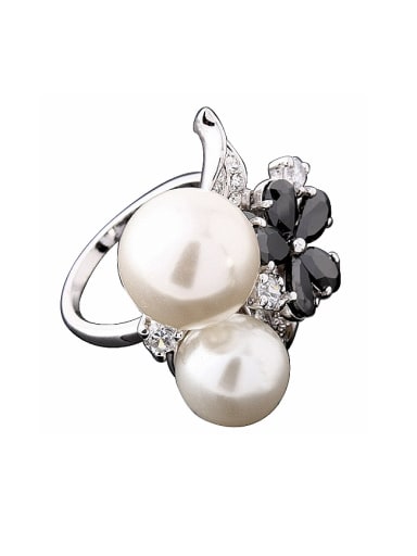 Fashion White Artificial Pearls Black Zircon Flower Copper Ring
