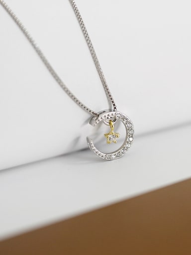 Fashion Tiny Zircon-studded Moon Star Pendant Silver Necklace