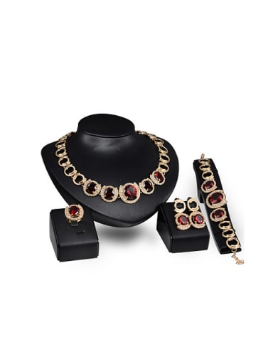 custom Alloy Imitation-gold Plated Vintage style Ruby and CZ Four Pieces Jewelry Set