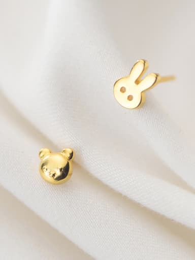 925 Sterling Silver With Glossy Cute Asymmetry rabbit Bear Stud Earrings