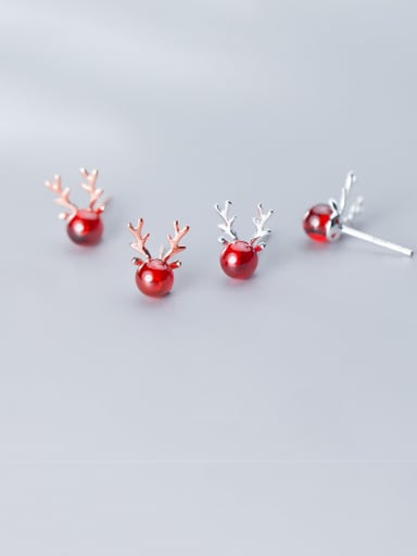 925 Sterling Silver With Platinum Plated Cute  Small Elk  Stud Earrings