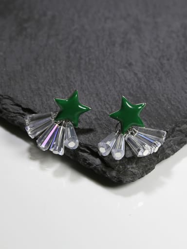 Tiny Green Star Clear Rhinestones 925 Silver Stud Earrings