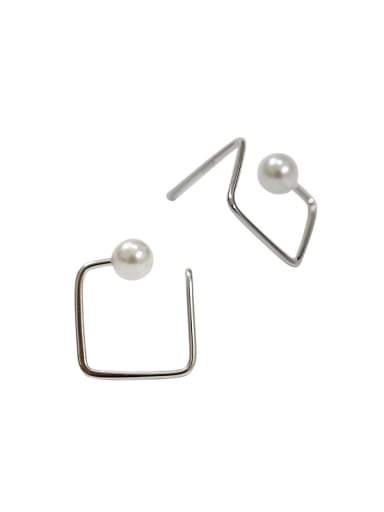 Simple Artificial Pearl Hollow Opening Square Silver Stud Earrings