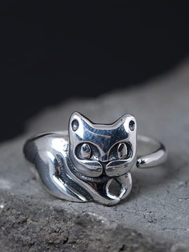 S925 Silver Cute Kitten Opening Statement Ring