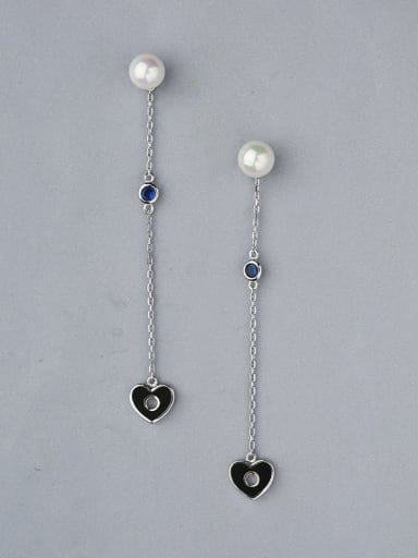 Fashion White Shell Pearl Little Black Heart 925 Silver Drop Earrings