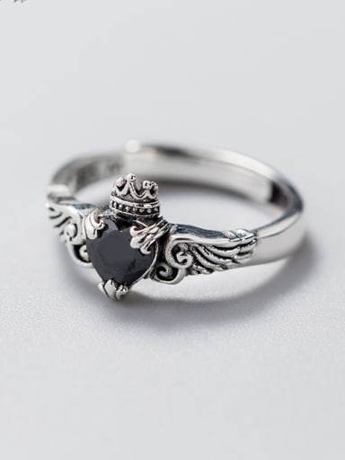 Pure silver  Thai silver  retro heart shaped wing  crown ring