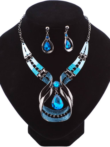Exaggerated Luxury Water Drop Blue Crystals Alloy Two Pieces Jewelry Set