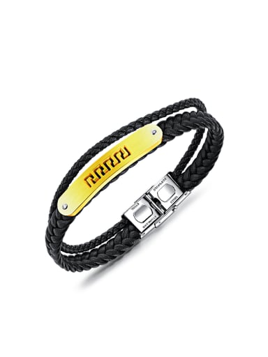Fashion Black Artificial Leather Woven Gold Plated Bracelet