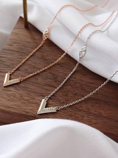 925 Sterling Silver With Platinum Plated Simplistic word "V" Necklaces