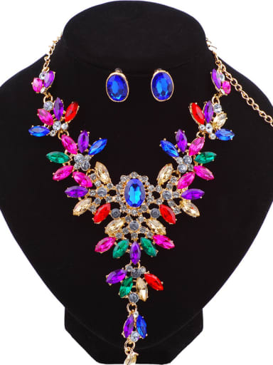 Exaggerated Colorful Stones Alloy Gold Plated Two Pieces Jewelry Set