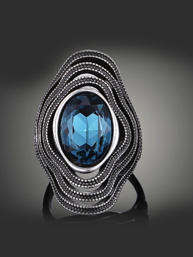 Retro style Exaggerated  Blue Crystal Antique Silver Plated Alloy Ring