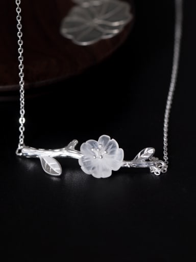 Retro style Natural Crystal Flower Leaves Pendant 925 Silver Necklace