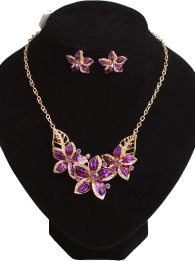 custom Fashion Elegant Enamel Flowers Cubic Rhinestones Alloy Two Piece Jewelry Set