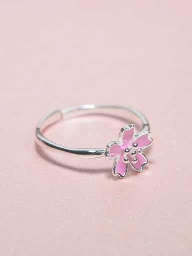 Elegant Pink Enamel Flower 925 Silver Opening Ring