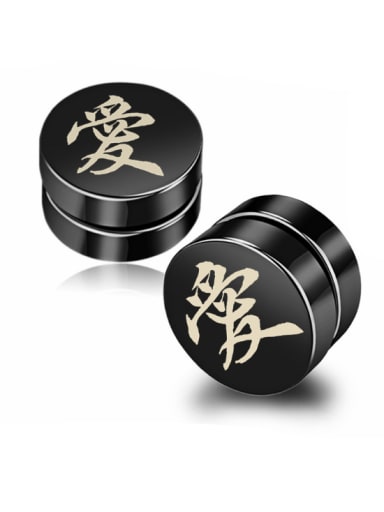 Stainless Steel With Black Gun Plated Personality Round with chinese words Stud Earrings