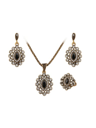 Antique Gold Plated Black Resin stones White Rhinestones Three Pieces Jewelry Set