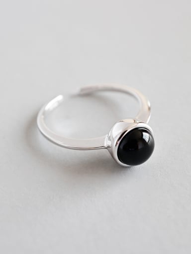 Sterling silver retro minimalist black agate free size ring