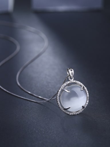 Simple Round Opal stone Tiny Zirconias 925 Silver Pendant