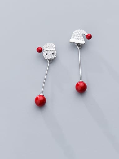 925 Sterling Silver With Platinum Plated Cute Asymmetric Red Beaded Santa Hat Drop Earrings