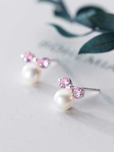 925 Sterling Silver With Silver Plated Cute Synthetic Pink Gem Bee-joo Stud Earrings