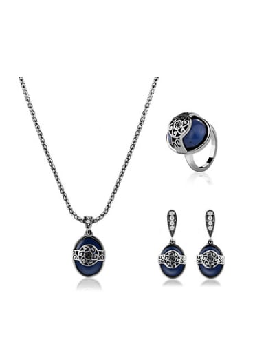 Alloy Antique Silver Plated Vintage style Oval Artificial Stone Three Pieces Jewelry Set