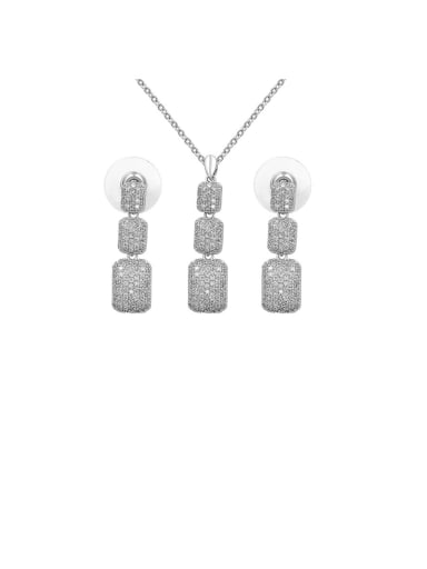 Copper With  Cubic Zirconia  Personality Square Pendant  Earrings And Necklaces  2 Piece Jewelry Set