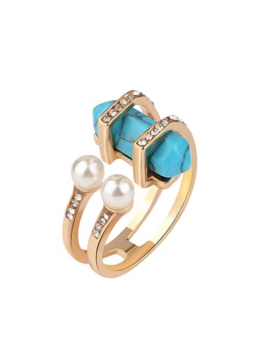 Personalized Artificial Pearls Turquoise stone Gold Plated Alloy Ring