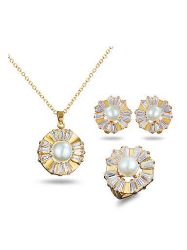 Noble 18K Gold Plated Flower Artificial Pearl Three Pieces Jewelry Set