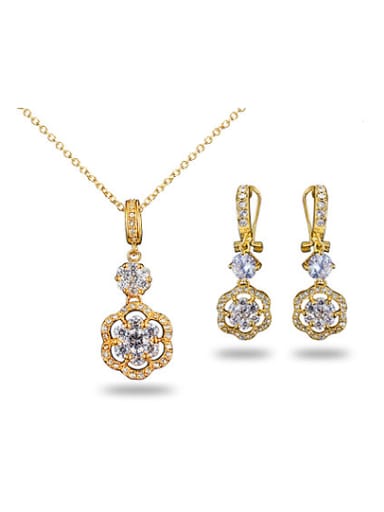 Exquisite 18K Gold Plated Flower Shaped Zircon Two Pieces Jewelry Set