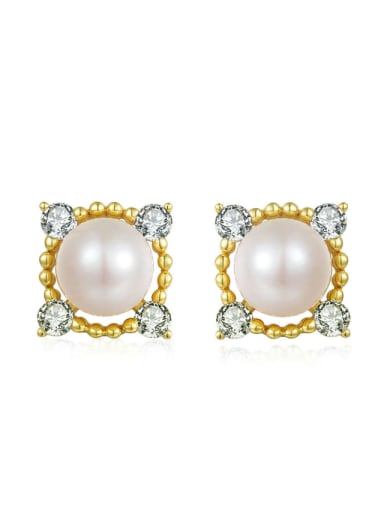 Square-shape Freshwater Pearls Gold Plated Stud Earrings