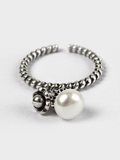 Retro style White Freshwater Pearl Black Twisted Band Opening Ring