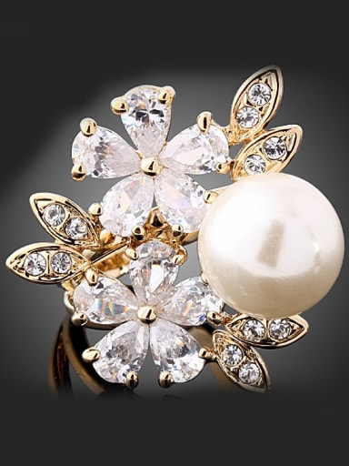 Fashion Zircon-studded Flowers Artificial Pearl Copper Ring