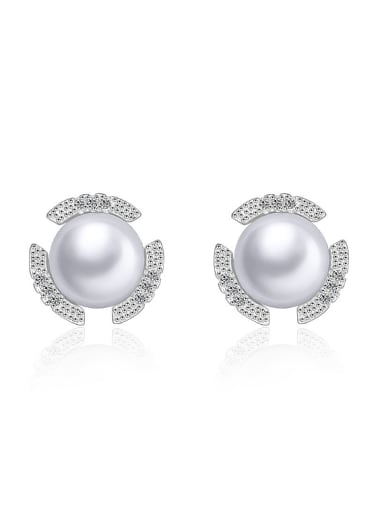 Fashion White Imitation Pearl Cubic Zirconias Copper Stud Earrings