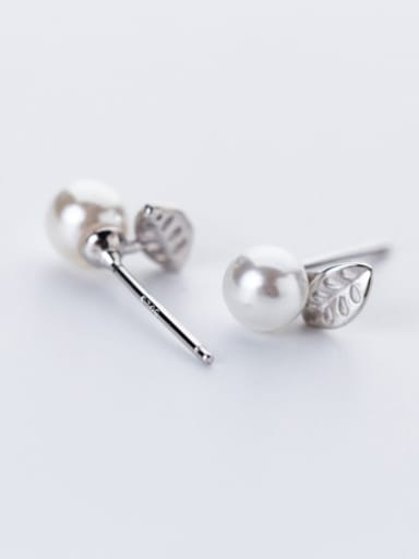 Elegant Leaf Shaped Artificial Pearl Silver Stud Earrings