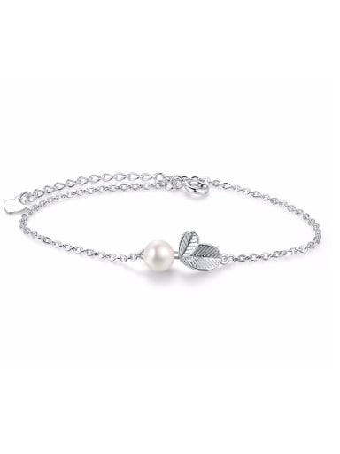 Simple White Artificial Pearl Little Leaves 925 Sterling Silver Bracelet