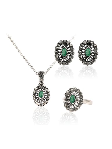custom Retro style Green Resin stones Grey Rhinestones Three Pieces Jewelry Set