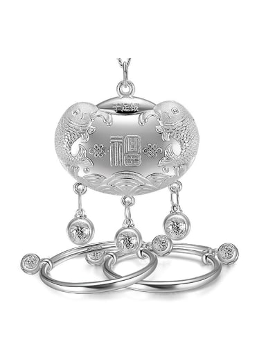 Ethnic style Chinese Characters-etched 999 Silver Children Two Pieces Jewelry Set
