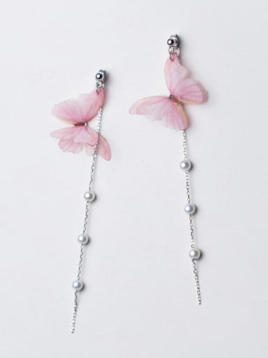 Temperament Pink Butterfly Shaped Artificial Pearl Drop Earrings