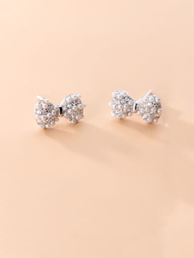 925 Sterling Silver With Artificial Pearl  Cute Bowknot Stud Earrings
