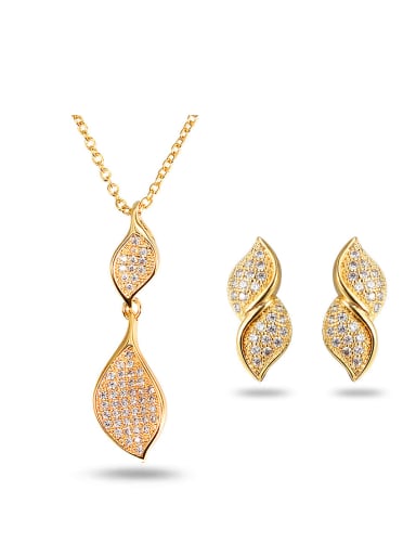 All-match 18K Gold Plated Leaf Shaped Zircon Two Pieces Jewelry Set