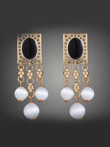 Retro style White Opal Beads Black Enamel Gold Plated Alloy Drop Earrings