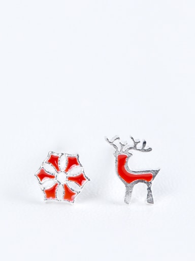 Asymmetrical Personalized Little Red Deer Snowflake 925 Silver Stud Earrings