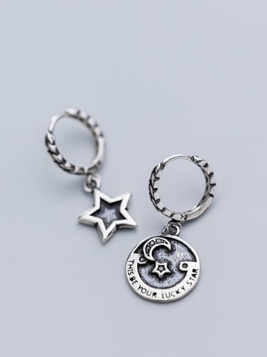 925 Sterling Silver With Antique Silver Plated Asymmetry Black Pentagram Moon Clip On Earrings