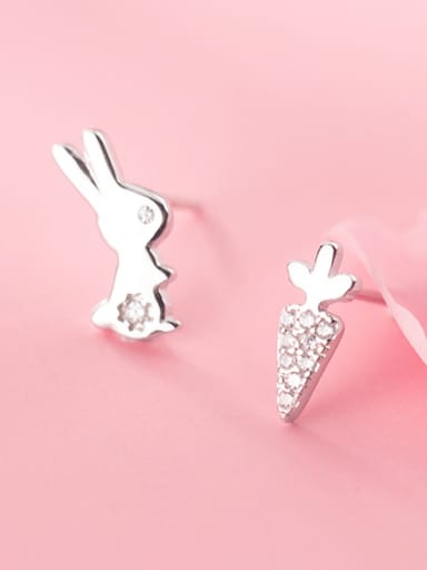 925 Sterling Silver With Platinum Plated Cute Asymmetry Rabbit Radish Stud Earrings