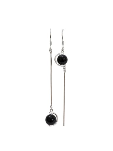 Fashion Black Carnelian Ball Asymmetrical Silver Drop Earrings