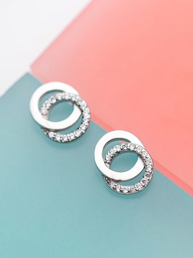 Simply Style Double Round Shaped Tiny Rhinestone Silver Stud Earrings