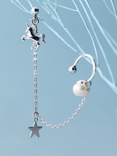 925 Sterling Silver With Platinum Plated Personality Pentagram Single Unicorn Pearl Ear Clip