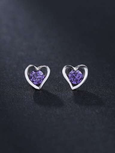 Simple Tiny Hollow Heart Purple Zircon 925 Silver Stud Earrings