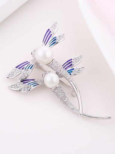 Fashion Elegant Zirconias-studded Dragonfly Imitation Pearl Copper Brooch