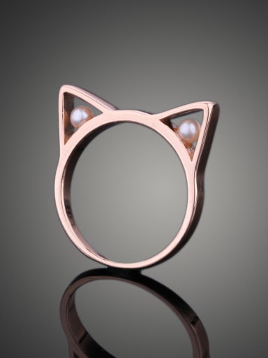 Simple Cute Kitten Imitation Pearls Rose Gold Plated Ring